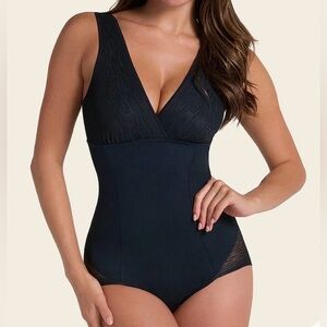 NWT, Leonisa Sheer Black Stripe Sculpting Bodysuit.